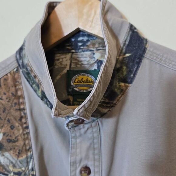 Cabelas Mens Shooting Shirt L Tall Button Up Quilted Shoulder Camo Tan Canvas - Picture 10 of 14